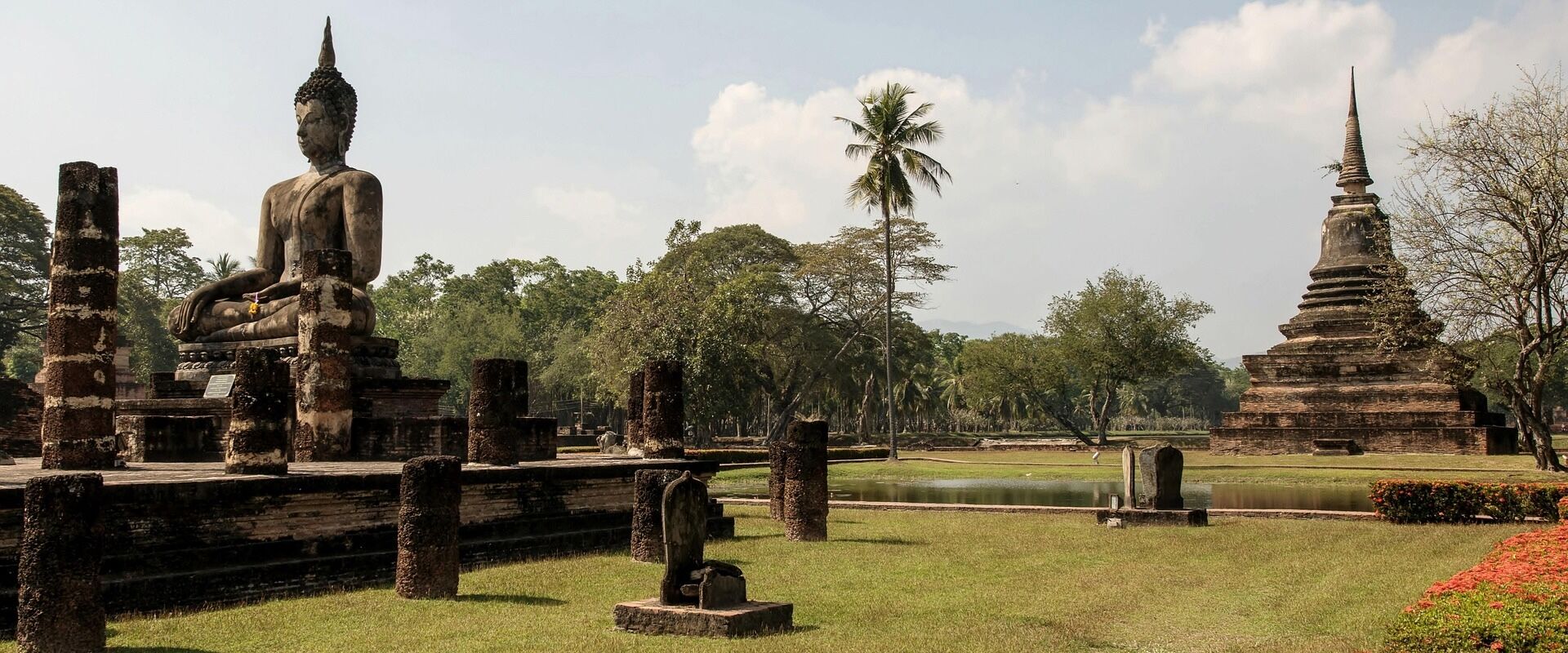 Panoramic view of Sukhothai’s ancient kingdom for a scenic Sukhothai Tours banner by Legend Travel Group.